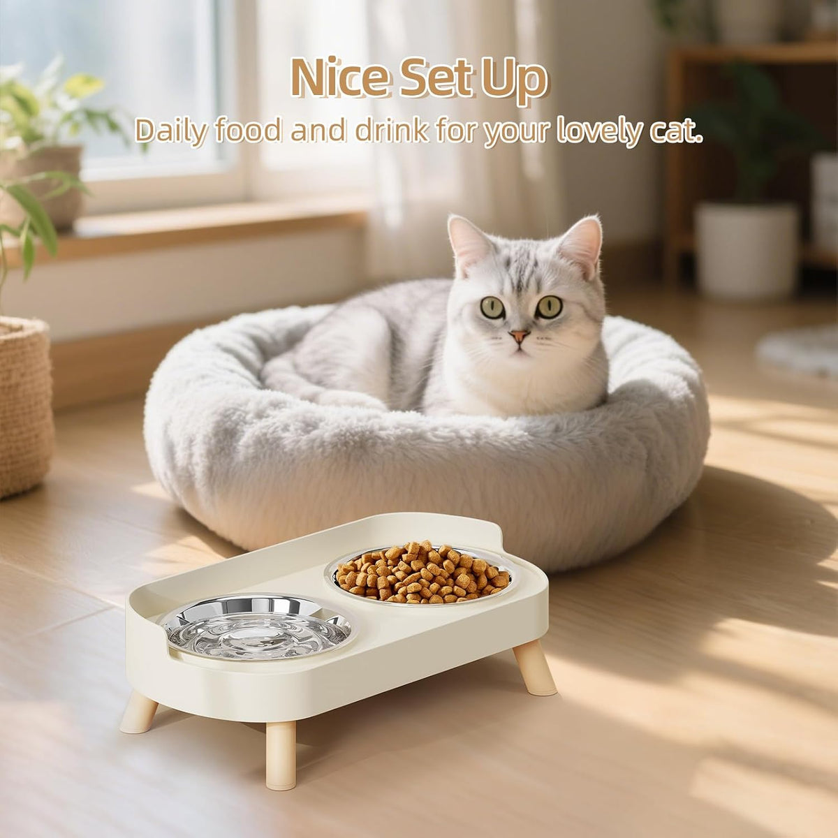 Elevated Cat Bowl, Raised Cat Food and Water Bowl Set for Indoor Cats, Splash Proof with 2 Stainless Steel Pet Food Bowls for Cats and Puppies, Whisker Fatigue and Dishwasher Safe - White