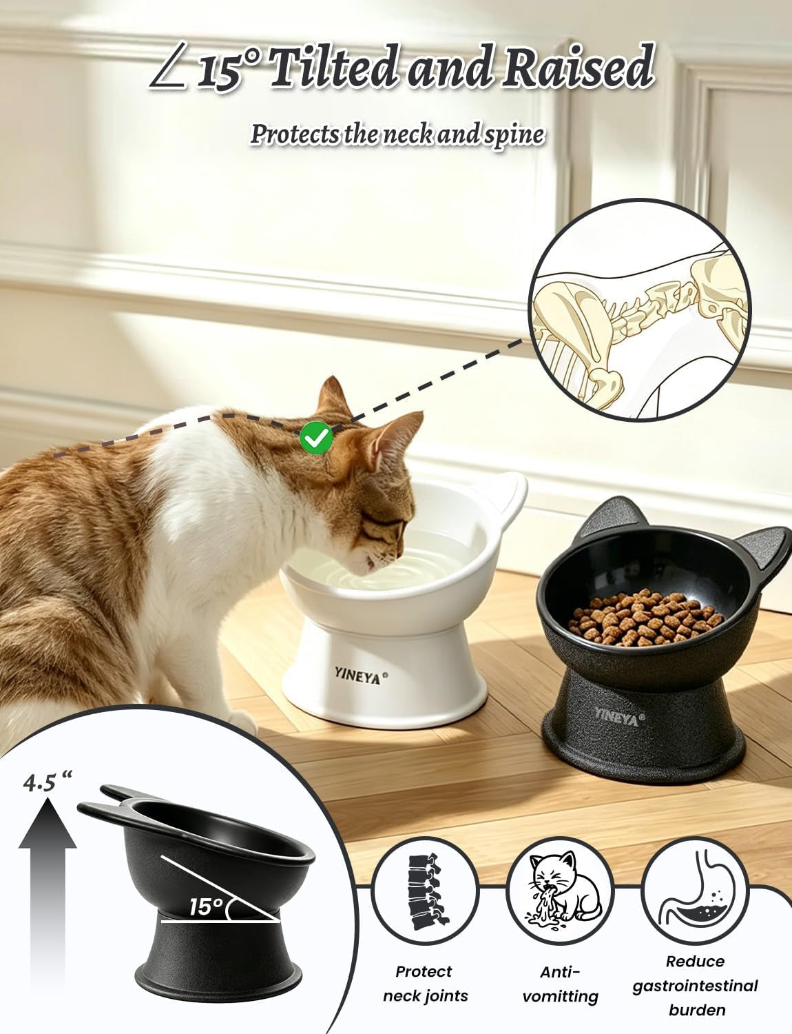 Elevated Cat Bowls 2 Pcs, Cat Food Bowl to Protect Neck & Anti-Vomit, Whisker-Friendly Raised Food and Water Bowls Set for Indoor Cats/Small Dogs, Cute Pet Feeding Bowl 6 OZ Each, Black&White