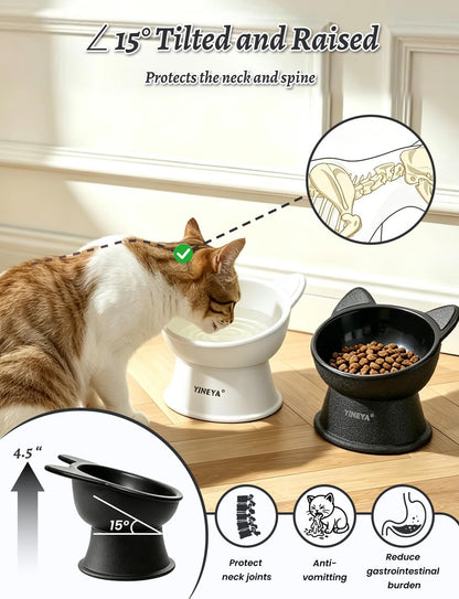 Elevated Cat Bowls 2 Pcs, Cat Food Bowl to Protect Neck & Anti-Vomit, Whisker-Friendly Raised Food and Water Bowls Set for Indoor Cats/Small Dogs, Cute Pet Feeding Bowl 6 OZ Each, Black&White