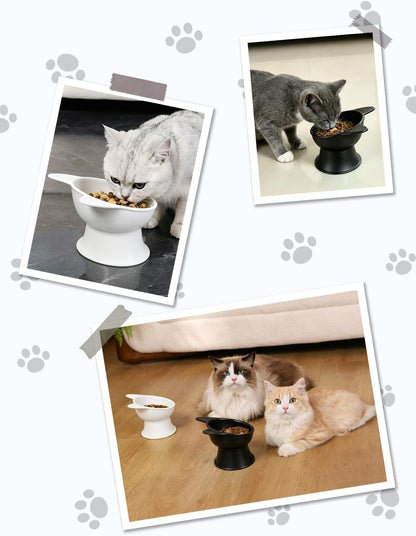 Elevated Cat Bowls 2 Pcs, Cat Food Bowl to Protect Neck & Anti-Vomit, Whisker-Friendly Raised Food and Water Bowls Set for Indoor Cats/Small Dogs, Cute Pet Feeding Bowl 6 OZ Each, Black&White