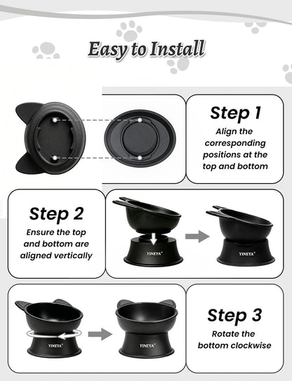 Elevated Cat Bowls 2 Pcs, Cat Food Bowl to Protect Neck & Anti-Vomit, Whisker-Friendly Raised Food and Water Bowls Set for Indoor Cats/Small Dogs, Cute Pet Feeding Bowl 6 OZ Each, Black&White