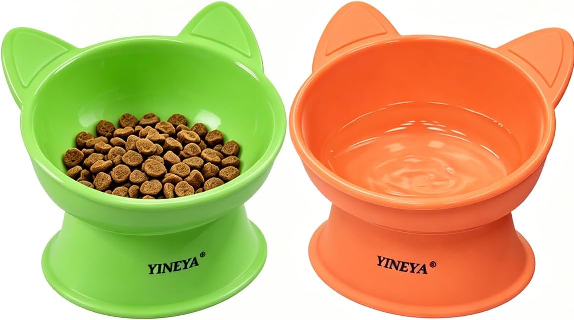 Elevated Cat Bowls 2 Pcs, Cat Food Bowl to Protect Neck & Anti-Vomit, Whisker-Friendly Raised Food and Water Bowls Set for Indoor Cats/Small Dogs, Cute Pet Feeding Bowl 6 OZ Each, Black&White