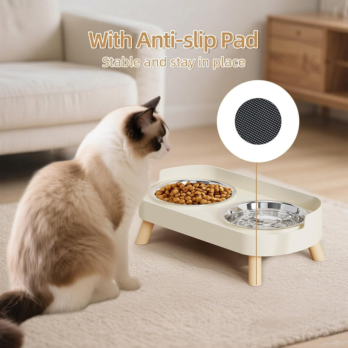 Elevated Cat Bowl, Raised Cat Food and Water Bowl Set for Indoor Cats, Splash Proof with 2 Stainless Steel Pet Food Bowls for Cats and Puppies, Whisker Fatigue and Dishwasher Safe - White