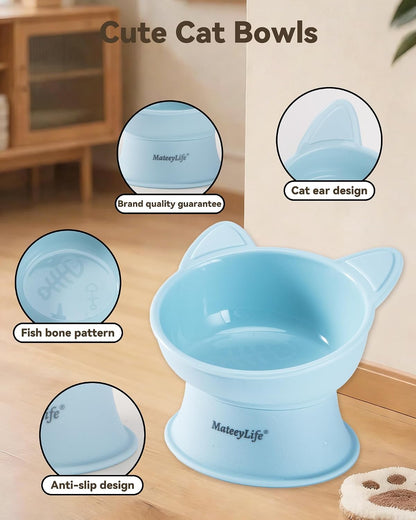 Raised Cat Bowls, Cat Food Bowl Elevated for Kittens & Small Dogs, 15°Tilted Protect Pets' Neck and anti Vomiting, Whisker Friendly Food & Water Feeding Bowl, 6 Oz Each - Blue