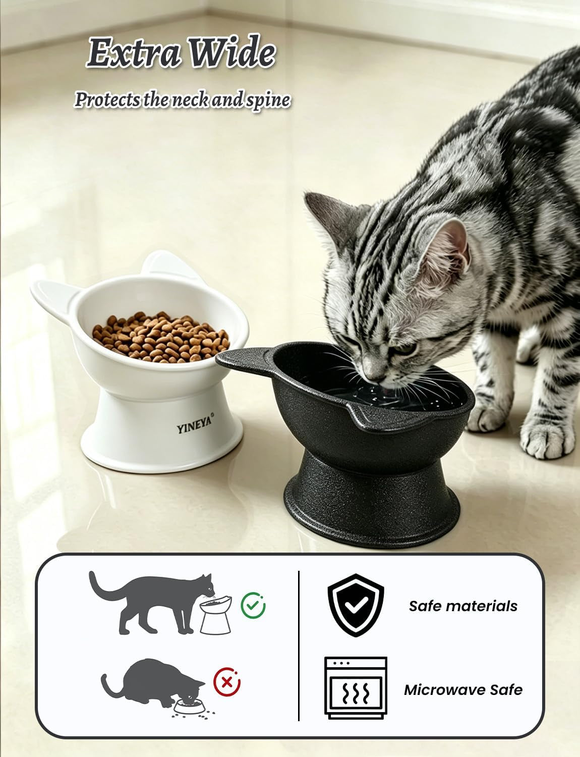 Elevated Cat Bowls 2 Pcs, Cat Food Bowl to Protect Neck & Anti-Vomit, Whisker-Friendly Raised Food and Water Bowls Set for Indoor Cats/Small Dogs, Cute Pet Feeding Bowl 6 OZ Each, Black&White
