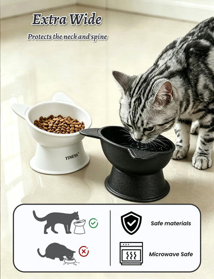 Elevated Cat Bowls 2 Pcs, Cat Food Bowl to Protect Neck & Anti-Vomit, Whisker-Friendly Raised Food and Water Bowls Set for Indoor Cats/Small Dogs, Cute Pet Feeding Bowl 6 OZ Each, Black&White