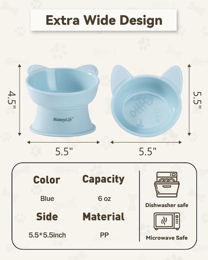 Raised Cat Bowls, Cat Food Bowl Elevated for Kittens & Small Dogs, 15°Tilted Protect Pets' Neck and anti Vomiting, Whisker Friendly Food & Water Feeding Bowl, 6 Oz Each - Blue