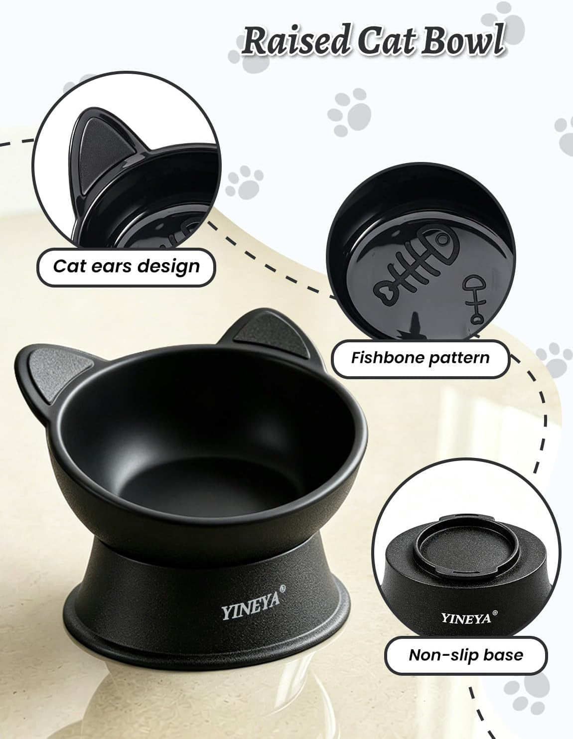 Elevated Cat Bowls 2 Pcs, Cat Food Bowl to Protect Neck & Anti-Vomit, Whisker-Friendly Raised Food and Water Bowls Set for Indoor Cats/Small Dogs, Cute Pet Feeding Bowl 6 OZ Each, Black&White