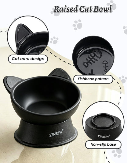 Elevated Cat Bowls 2 Pcs, Cat Food Bowl to Protect Neck & Anti-Vomit, Whisker-Friendly Raised Food and Water Bowls Set for Indoor Cats/Small Dogs, Cute Pet Feeding Bowl 6 OZ Each, Black&White