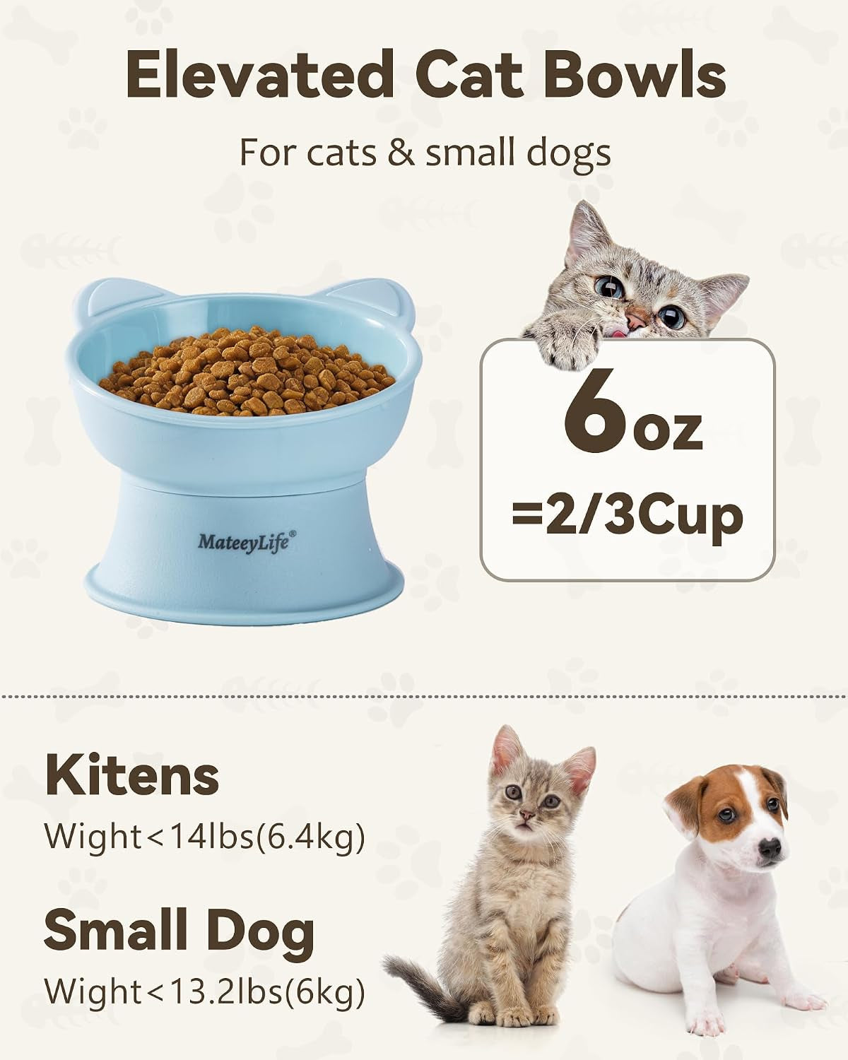 Raised Cat Bowls, Cat Food Bowl Elevated for Kittens & Small Dogs, 15°Tilted Protect Pets' Neck and anti Vomiting, Whisker Friendly Food & Water Feeding Bowl, 6 Oz Each - Blue