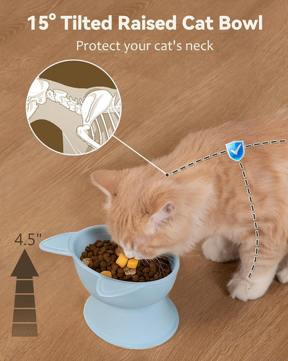 Raised Cat Bowls, Cat Food Bowl Elevated for Kittens & Small Dogs, 15°Tilted Protect Pets' Neck and anti Vomiting, Whisker Friendly Food & Water Feeding Bowl, 6 Oz Each - Blue