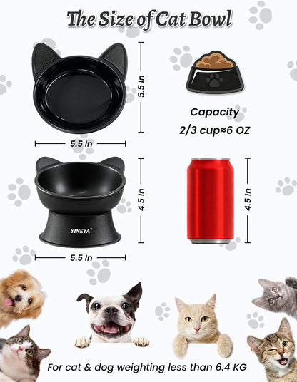 Elevated Cat Bowls 2 Pcs, Cat Food Bowl to Protect Neck & Anti-Vomit, Whisker-Friendly Raised Food and Water Bowls Set for Indoor Cats/Small Dogs, Cute Pet Feeding Bowl 6 OZ Each, Black&White