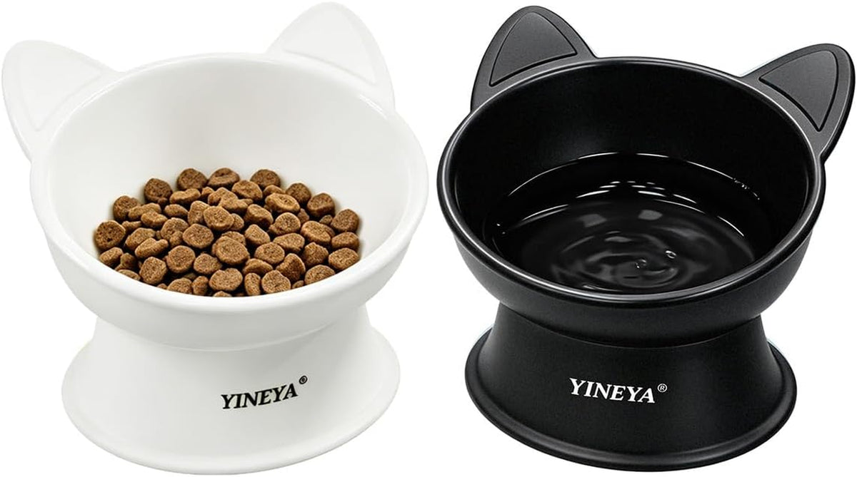 Elevated Cat Bowls 2 Pcs, Cat Food Bowl to Protect Neck & Anti-Vomit, Whisker-Friendly Raised Food and Water Bowls Set for Indoor Cats/Small Dogs, Cute Pet Feeding Bowl 6 OZ Each, Black&White