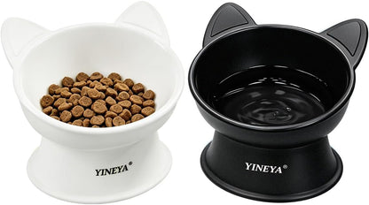 Elevated Cat Bowls 2 Pcs, Cat Food Bowl to Protect Neck & Anti-Vomit, Whisker-Friendly Raised Food and Water Bowls Set for Indoor Cats/Small Dogs, Cute Pet Feeding Bowl 6 OZ Each, Black&White