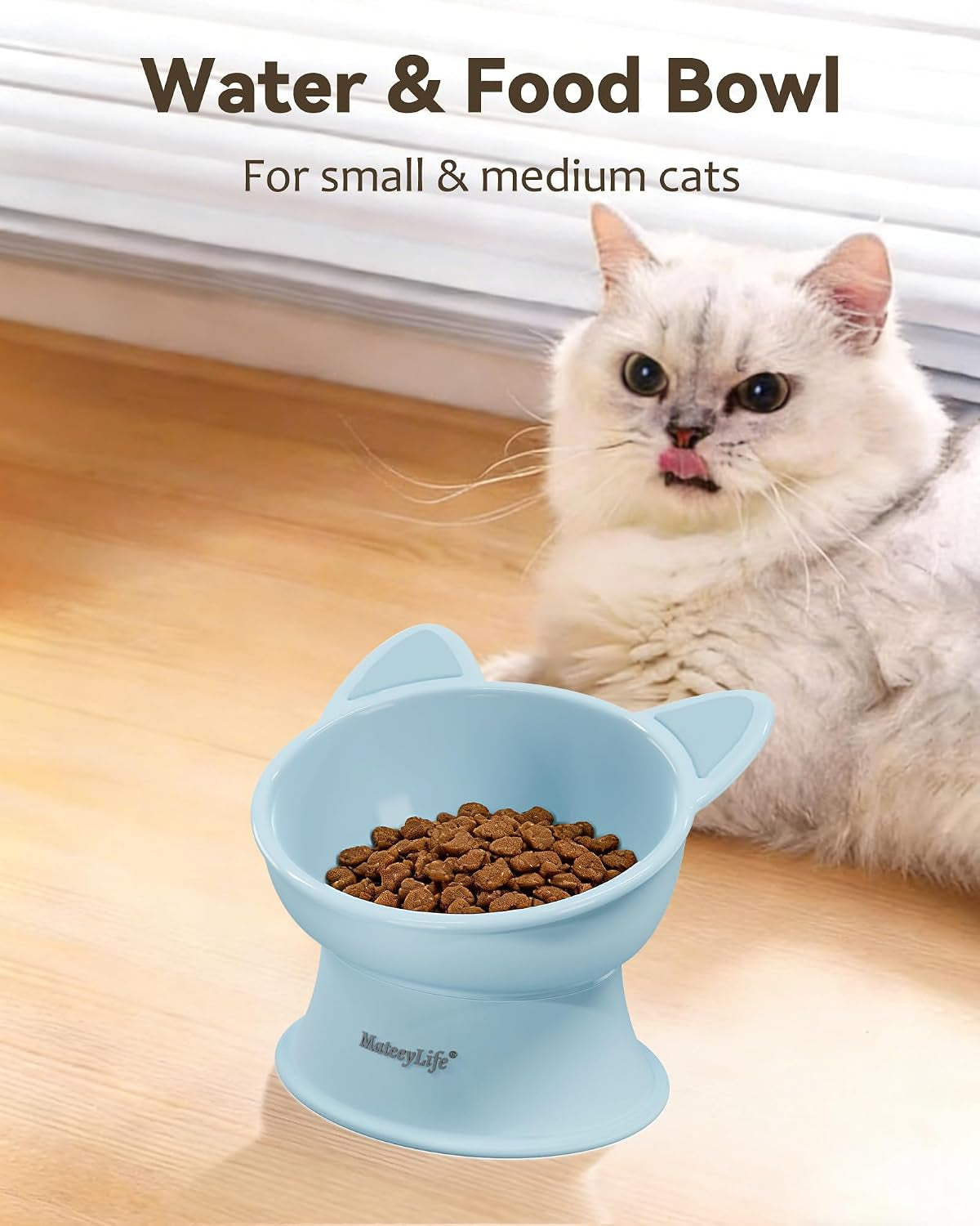 Raised Cat Bowls, Cat Food Bowl Elevated for Kittens & Small Dogs, 15°Tilted Protect Pets' Neck and anti Vomiting, Whisker Friendly Food & Water Feeding Bowl, 6 Oz Each - Blue