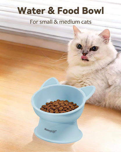 Raised Cat Bowls, Cat Food Bowl Elevated for Kittens & Small Dogs, 15°Tilted Protect Pets' Neck and anti Vomiting, Whisker Friendly Food & Water Feeding Bowl, 6 Oz Each - Blue