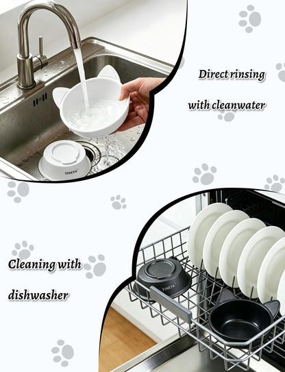 Elevated Cat Bowls 2 Pcs, Cat Food Bowl to Protect Neck & Anti-Vomit, Whisker-Friendly Raised Food and Water Bowls Set for Indoor Cats/Small Dogs, Cute Pet Feeding Bowl 6 OZ Each, Black&White